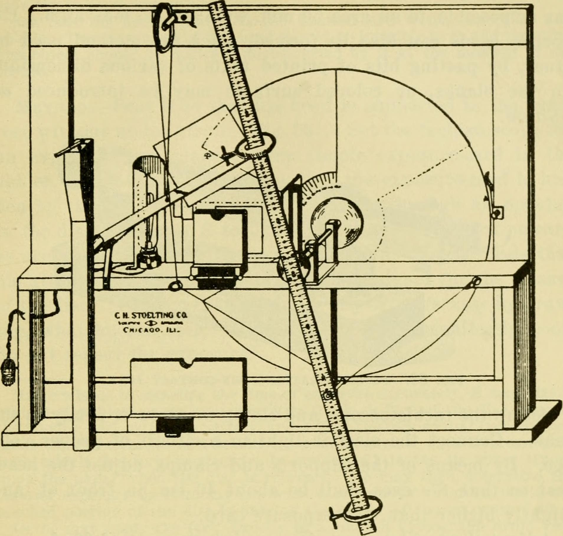 Line drawing of a wooden laboratory apparatus with a large disc, a measuring rod and a lamp, used for timed perception tests