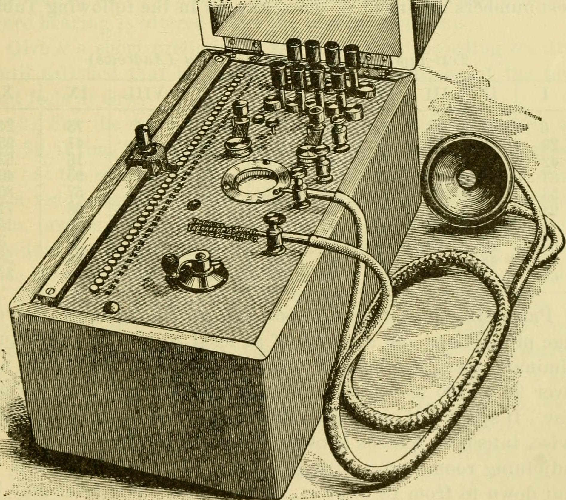 Engraving of a laboratory instrument box with rows of terminals, a dial and an attached earpiece